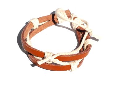 Light Brown Adjustable Leather Bracelet intertwined with hemp rope