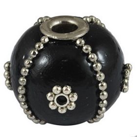 Handmade Black Indonesia Bead decorated with Silver 3.3 Hole