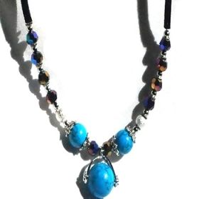 Black Wool Cord Necklace with Simulated Turquoise Faceted Glass & Silver Beads