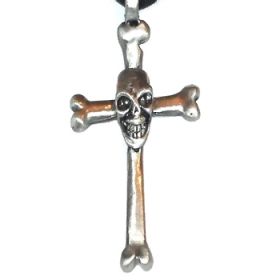 18 inch Black Necklace with a Skeleton Skull on Bone Cross Pendand