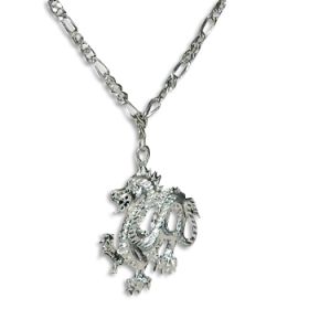 SilverTone Fire Breathing Dragon Pendant on Figaro Neck Chain