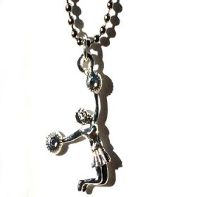 Jumping Cheerleader with Pom Poms on Stainless Steel Necklace