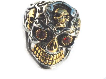 Stainless Steel Biker Skull w/ Gold Tone Teeth and Sides Men Ring