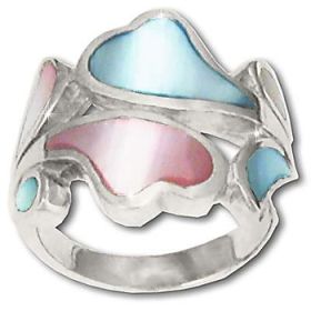 925 Sterling Silver Pink and Blue Mother Of Pearl Heart Wave Ring