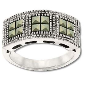 Sterling Silver Genuine 12 Marcasite Triple Block Ring
