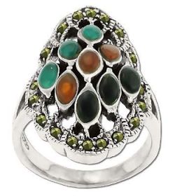 Sterling Silver Genuine Marcasite Nine Stone Center Ring
