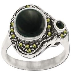 Sterling Silver Genuine Marcasite and Onyx Asymmetric Ring