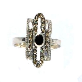 Sterling Silver Genuine Marcasite and Onyx Elliptical Ring