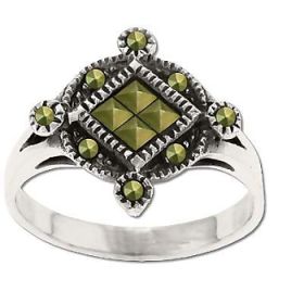 Sterling Silver  Genuine Marcasite Quad-Stone Center Ring