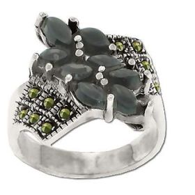 Sterling Silver Genuine 12 Marcasite and 8 Onyx Stone Ring