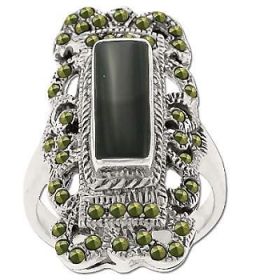 Sterling Silver Genuine 40 Marcasite & Onyx Filigree Ring