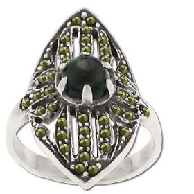 Sterling Silver Genuine 21 Marcasite Stone and Onyx Band Ring with