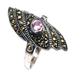 Sterling Silver 30 Marcasite and Amethyst Long Shield Ring