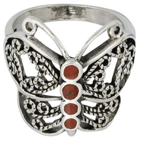 Sterling Silver Filigree Carnelian Inlay Butterfly Ring