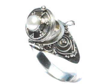 Sterling Silver Bali Pearl Poison Ring on a Round Top