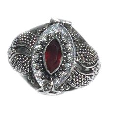 925 Sterling Silver Beaded Poison Ring with 4x8 mm marquise cut Garnet Ring