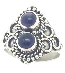 925 Sterling Silver Balinese  Ring with 2 Dark Purple Amethyst Gemstones