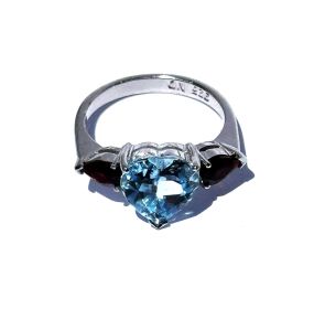 Sterling Silver Blue Topaz Heart and with Tear Garnets Ring