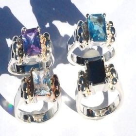 Sterling Silver Rectangular Stone & Balls Ring