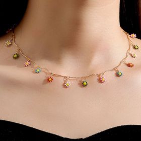 Colorful Tassel Charm Necklace Daisy Flower Beaded Charm Pendant Short Choker Chain Necklace Lovely Neck Jewelry Decor