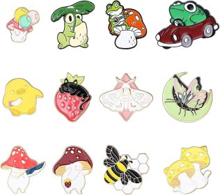 12Pcs Enamel Pin Brooches for Women Teens Cute Frog Duck Bee Mushroom Hat Brooches Pins Sets for Clothes Bags Backpack