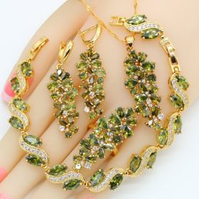 Luxury Green Peridot Gold Plated Jewelry Sets for Women Earrings Necklace Pendant Ring Bracelet Christmas Birthday Gift (Gem Color: 4pcs, Ring Size: 8)