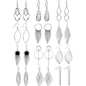 12 Pairs Drop Dangle Earrings boho Fashion Jewelry Vintage Statement Boho Bohemian Earrings Set for Women Girls (Color: 1-Silver)