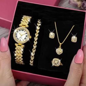 6pcs/set Rhinestone Watch + Jewelry Set Fancy Women Watches Jewelry Sophisticated And Stylish Women Watch (Color: Golden Suit)