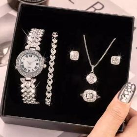 6pcs/set Rhinestone Watch + Jewelry Set Fancy Women Watches Jewelry Sophisticated And Stylish Women Watch (Color: Silver Suit)