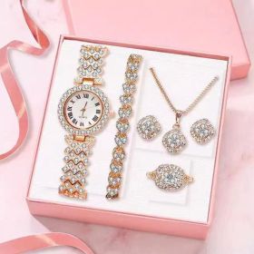 6pcs/set Rhinestone Watch + Jewelry Set Fancy Women Watches Jewelry Sophisticated And Stylish Women Watch (Color: Rose Golden Suit)