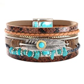 Multi-layer Bracelet Pu Leather Magnetic Buckle Bohemian Wrap Bracelet Vintage Style Hand Jewelry Snakeskin Pattern (Color: Brown + Green Pine)