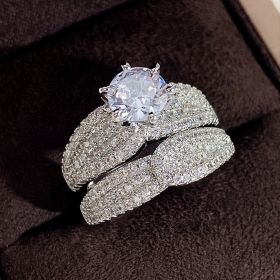 2 Pcs/set 925 Silver Plated Bridal Wedding Zircon Ring For Women Engagement Proposal Gift Jewelry (size: 10)