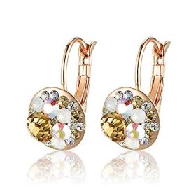 Multicolored Austrian Crystal Leverback Earrings for Women 14K Gold Plated Dangle Hoop Earrings Hypoallergenic Jewelry (Color: Yellow Main Crystal/Rose Gold-tone)