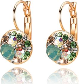 Multicolored Austrian Crystal Leverback Earrings for Women 14K Gold Plated Dangle Hoop Earrings Hypoallergenic Jewelry (Color: Green Opal+Aurora Borealis Crystal)