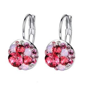 Multicolored Austrian Crystal Leverback Earrings for Women 14K Gold Plated Dangle Hoop Earrings Hypoallergenic Jewelry (Color: Pink Red Crystals/Silver-tone)