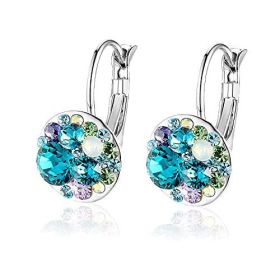 Multicolored Austrian Crystal Leverback Earrings for Women 14K Gold Plated Dangle Hoop Earrings Hypoallergenic Jewelry (Color: Blue Green Crystals/Silver-tone)
