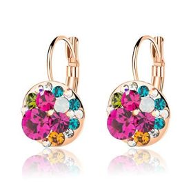 Multicolored Austrian Crystal Leverback Earrings for Women 14K Gold Plated Dangle Hoop Earrings Hypoallergenic Jewelry (Color: Rose Main Crystal/Rose Gold-tone)