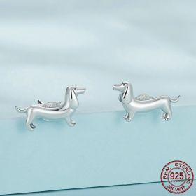 S925 Silver Sausage Dog Ear Stud And Ring Jewelry Set Cute Animal Argent Pur Adjustable Ring (Purity: S925, Color: Earrings)
