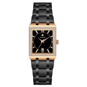 Grip Love Belt Diamond Waterproof Square Steel Band Quartz Women's Watch (style: Rose shell black face black be)
