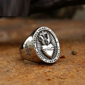 Vintage Dropshipping Stainless Steel Ladies Mens Biker Punk Sacred Heart Of Jesus God Ring Cross Amulet Jewelry For Man Gift (Color: Steel color, size: 10)