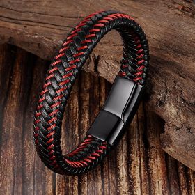 Leather Cord Bracelet Stainless Steel Woven Men's Cowhide Jewelry (Please Input: 18.5CM, Color: Black button)