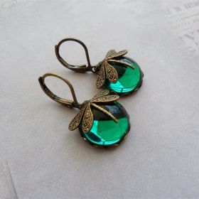 Fashion Jewelry Women's Earrings Hanging Vintage Dragonfly Pendant Earring Boho Chakra Blue Moonstone Drop Earrings For Women Wedding Charm Ethni (Color: Dark Green)