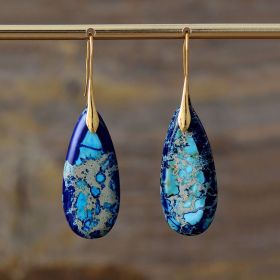 Bohemian Emperor Stone Water Drop Earrings Natural Stone Ornament Jewelry (Color: Blue Gold Ear Hook)