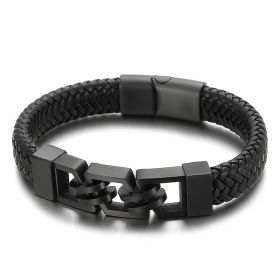 Stainless Steel Magnetic Buckle Leather Bracelet Jewelry (Color: Black)