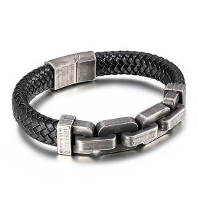 Men's Titanium Steel Cowhide Braided Bracelet Jewelry (Color: Black)