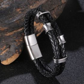 Leather Rope Stainless Steel Leather Braided Bracelet Genuine Leather Multilayer Jewelry Men's (Color: Silver, size: Inner ring 175mm)