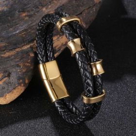 Leather Rope Stainless Steel Leather Braided Bracelet Genuine Leather Multilayer Jewelry Men's (Color: Gold, size: Inner ring 185mm)