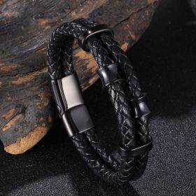 Leather Rope Stainless Steel Leather Braided Bracelet Genuine Leather Multilayer Jewelry Men's (Color: Black, size: Inner ring 185mm)