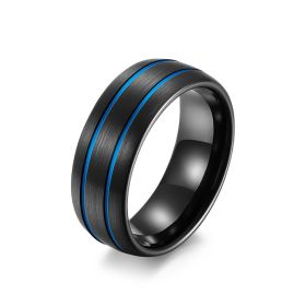 Tungsten Gold Ring Striped Tungsten Steel Brushed Jewelry (Color: Black and blue, size: 10)