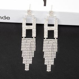 Fashion Jewelry 925 Silver Needle Ornaments Rhinestone Letter B Earrings Banquet Tassel Ear Ornaments Female (Color: Silver, style: H)